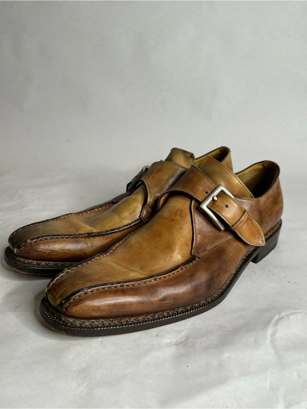 Charvet Two-Tone Tan and Brown Leather Single Monk Strap Shoes
